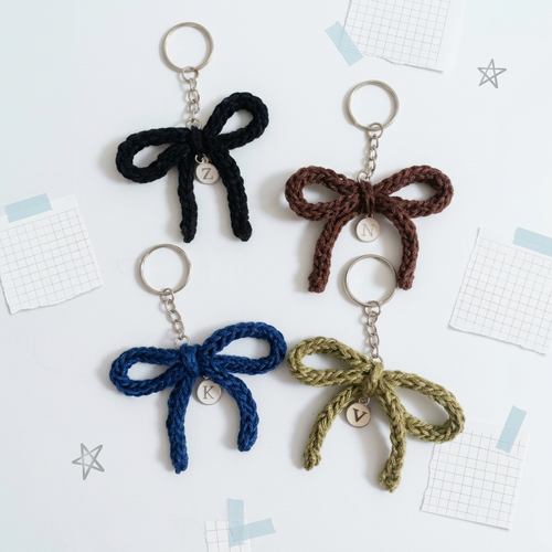 Personalized Crochet Bow Keychain with Initial Charm