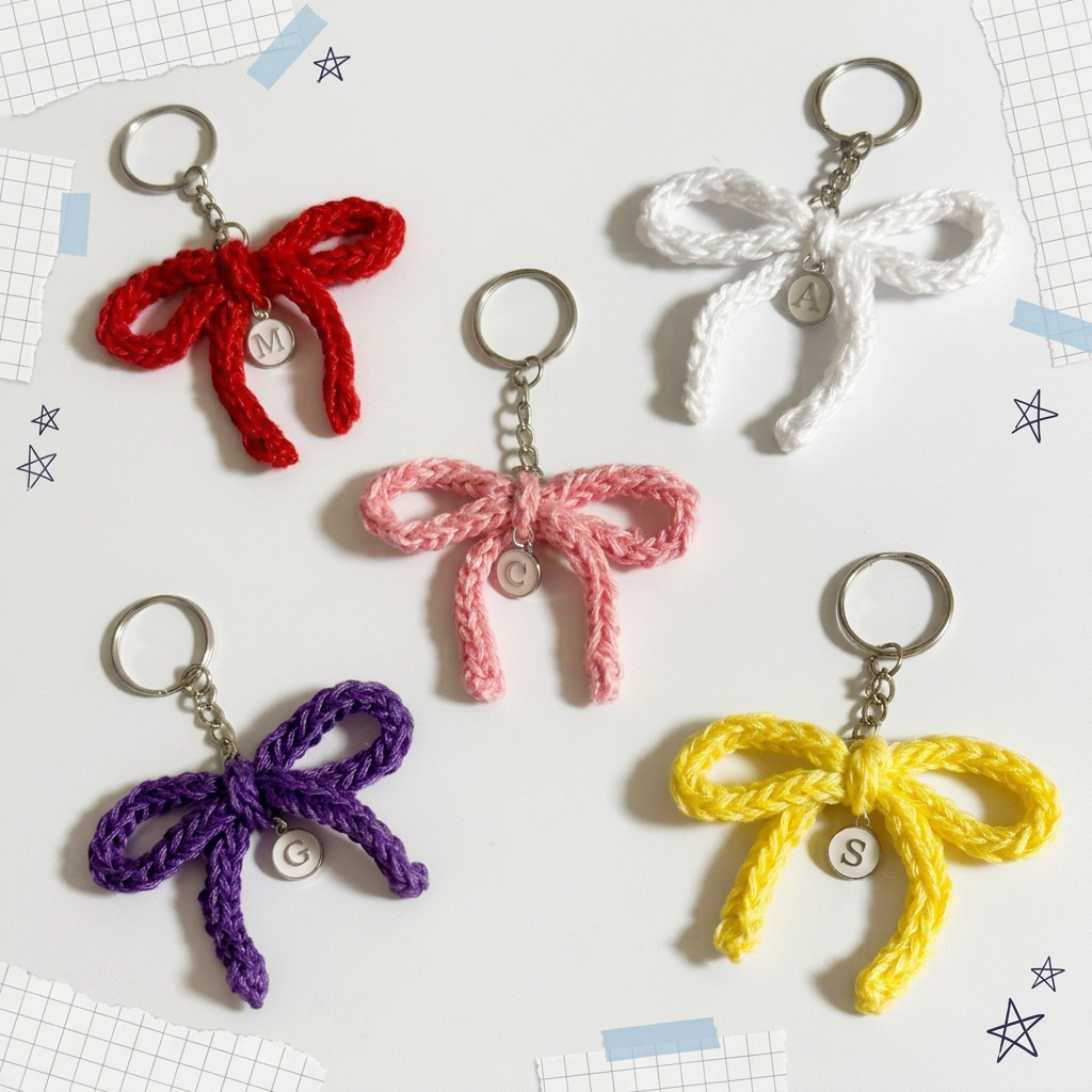 Colorful bow keychains with journal-style decorations